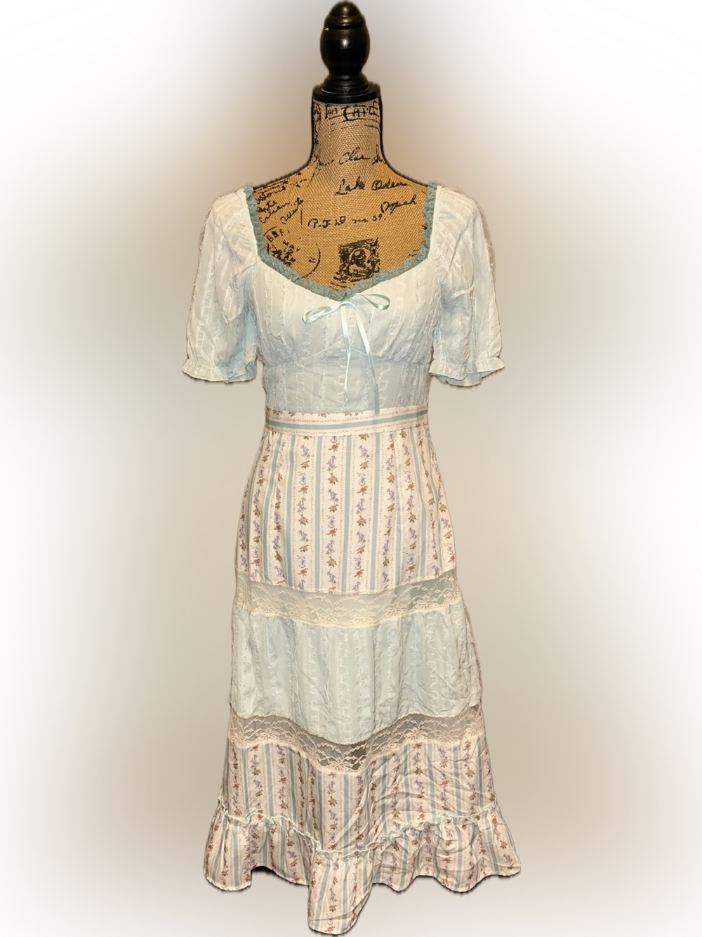 NWT Simple Retro Light Blue Floral Stripe  Lace Prairie Cottagecore Dress S